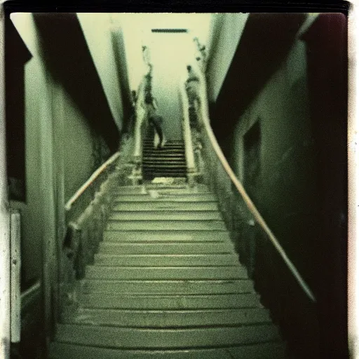 Image similar to a replicant at the top of a dark stairwell, abandoned, creepy, eerie, scary, old polaroid, expired film, out or focus,