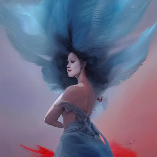 Prompt: a painting of a woman who made of curly and transparent feathers cloud with red edges is holding a sword, a digital painting by charlie bowater, made of curly and transparent feathers and cloud, metaphysical painting, speedpainting, digital painting, holographic undertones, highly saturated colors, 4 k, digital art, concept art, trending on artstation