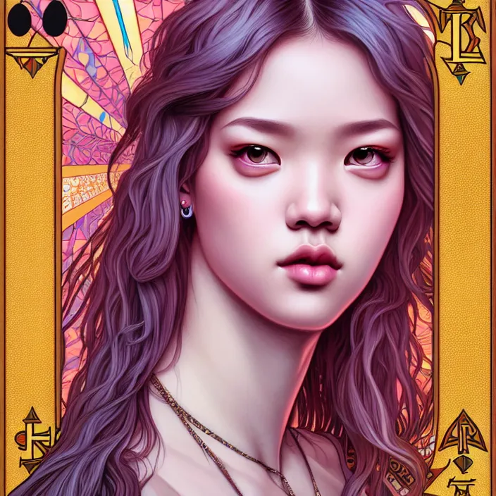 Image similar to jossi of blackpink, king, tarot card, highly detailed, digital painting, smooth, sharp focus, illustration, ultra realistic, 8 k, art by artgerm and alphonse mucha