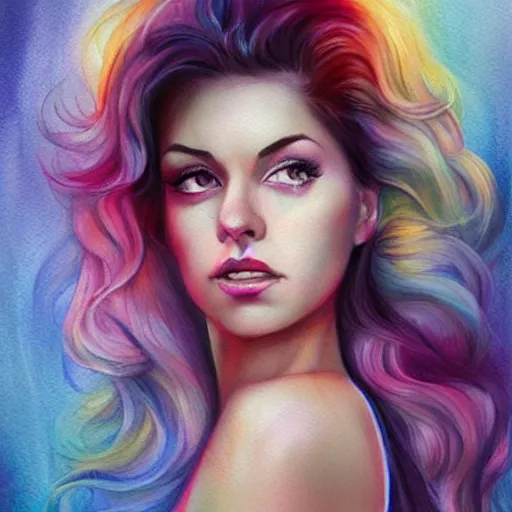 Image similar to marina diamandis, trending on arstation, by vanessa lemena dn charlie bowater, colorful pastels watercolor artwork painting