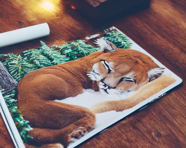 Image similar to colouring book showing 'a cougar sleeping in the middle of snowy pine tree' laying on coffee table, zoomed out shot, HD, iphone capture