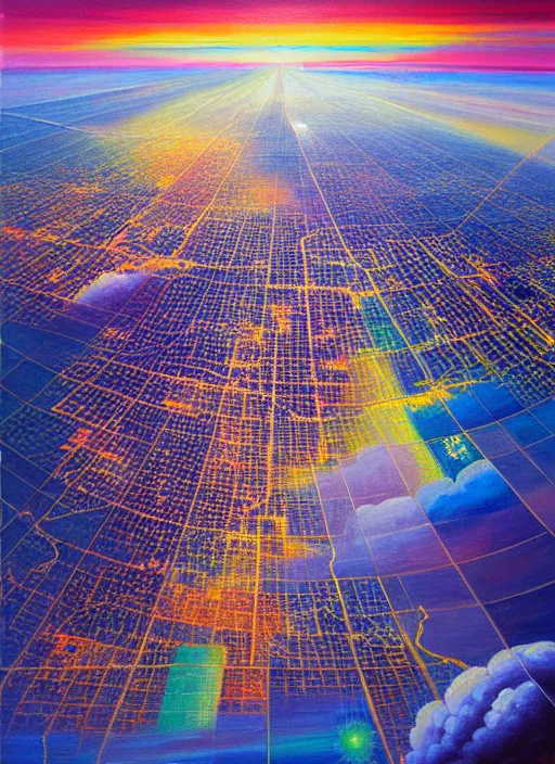 Image similar to a beautiful painting of a satellite view of glitched city behind clouds, by oliver vernon