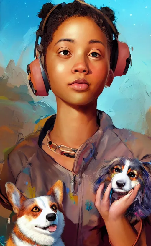 Prompt: beautiful face portrait painting of sunny hiphop solarpunk princess with corgi summertime chill, by christian dimitrov, cory loftis, cagnaccio di san pietro, costa dvorezky, craig mullins, craig davison. trending on artstation, 8 k, masterpiece, graffiti paint, fine detail, full of color, intricate detail, golden ratio illustration