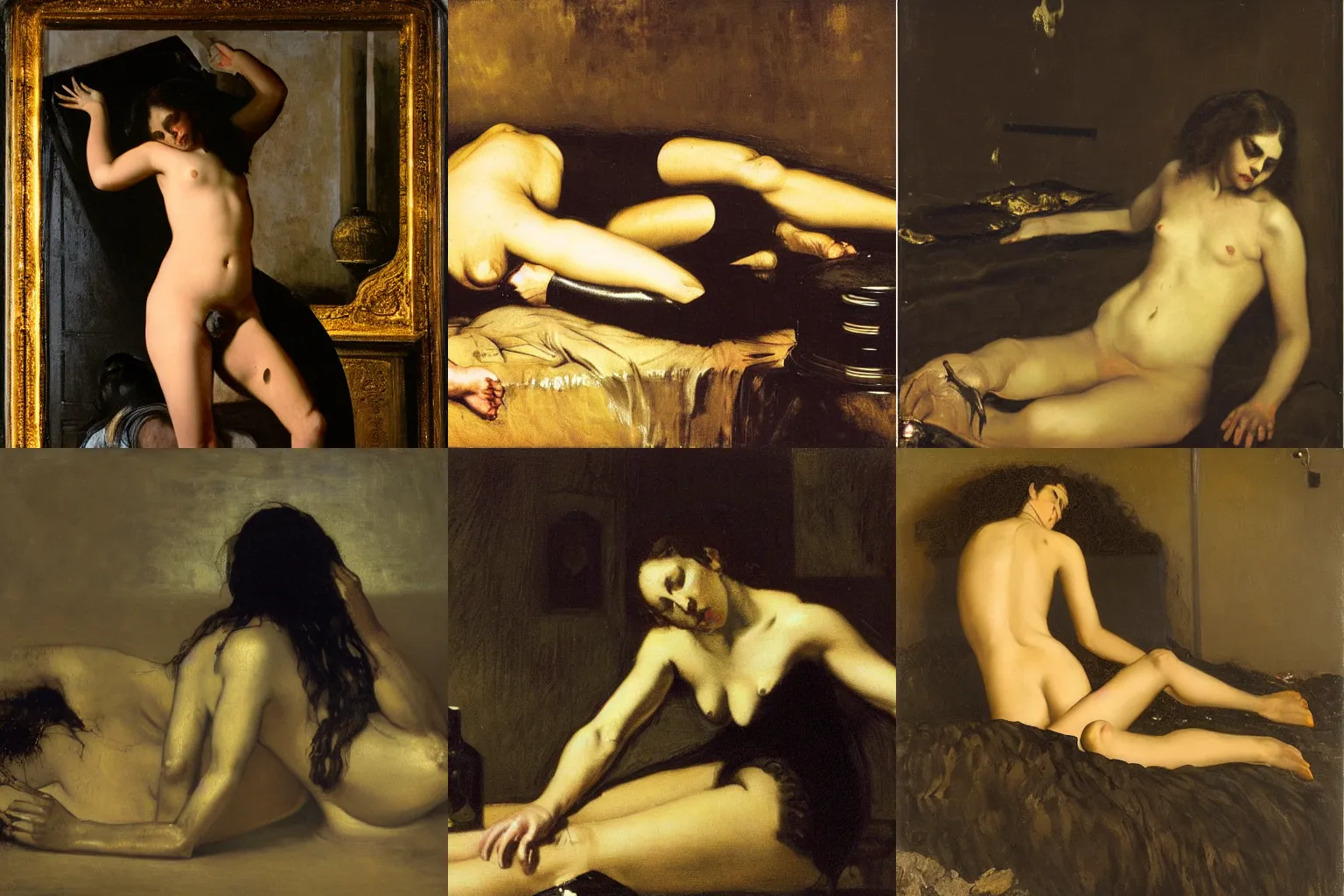 Prompt: Gustave Courbet crawling black onyx female body with wound pouring golden shiny fluid from stomach to the floor of a hi-tech laboratory at night, low light