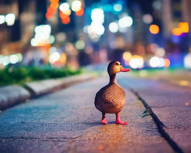 Prompt: 8 5 mm photography of a duck walking at night in the city with dof and bokeh and vibrant city out of focus in the background. highly detailed 8 k. intricate. lifelike. soft diffused light. nikon d 8 5 0.