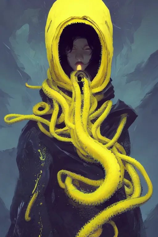 Prompt: A full body portrait of a mysterious character with no face with a very long yellow hooded cloak with tentacles coming out the bottom art by Maciej Kuciara and Jason Chan, trending on artstation, Ultra detailed, hyper realistic 4k