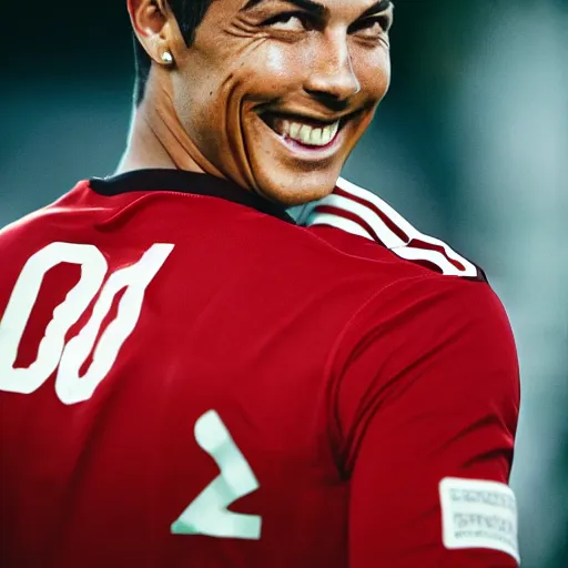 Prompt: christiano ronaldo smiling, portrait, f 2 2, 3 5 mm lens