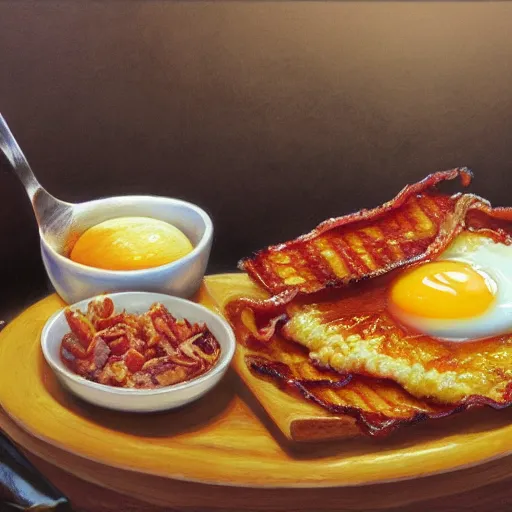 Prompt: Bacon, Hash browns and an over easy egg by Joe Jusko, rendered in hyperdetailed Ultra HD, trending on ArtStation, luminous