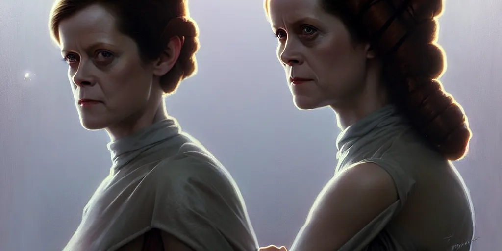 Image similar to young sigourney weaver as princess leia, cinematic, highly detailed, digital painting, artstation, concept art, matte, sharp focus, illustration, art by artgerm and greg rutkowski and alphonse mucha