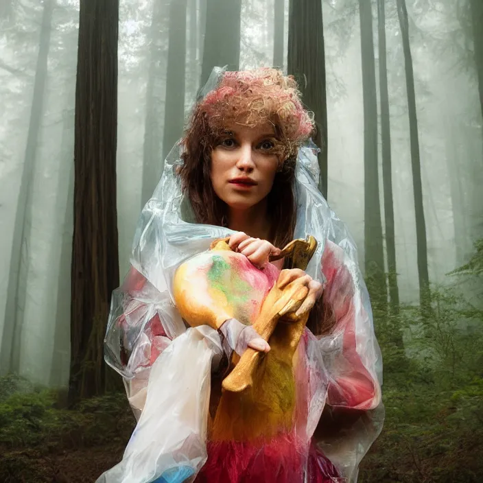 Image similar to a color photograph, closeup portrait of a woman wrapped in plastic, holding a unicorn skull, in a foggy redwood forest, color photograph, by vincent desiderio, canon eos c 3 0 0, ƒ 1. 8, 3 5 mm, 8 k, medium - format print