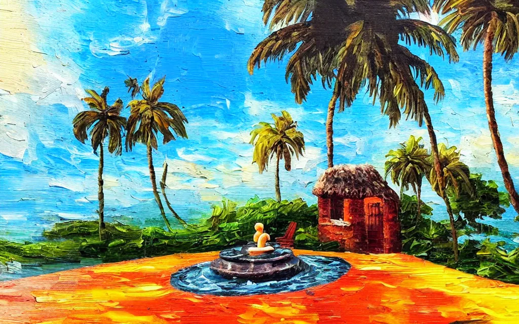 Image similar to a very tiny island surrounded by water with a cute cozy cottage with a terrace, a paved garden courtyard with benches and a fountain, palm trees, river, sunset, puffy clouds, dramatic and dynamic lighting, thick brush strokes oil impasto painting