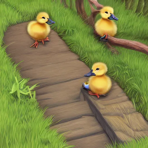 Image similar to two baby ducklings going on an adventure, fantasy, detailed digital art,