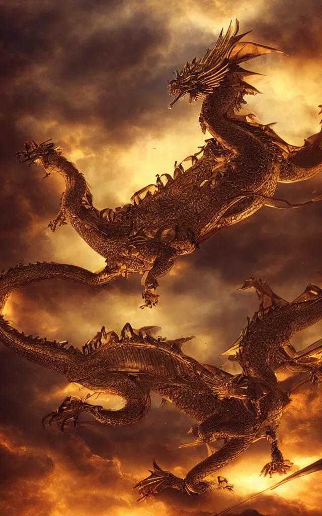 Prompt: a matte painting depicting a golden dragon, epic, legendary, cinematic composition, stunning atmosphere