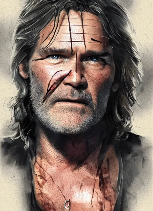 Image similar to Kurt Russell as Snake Plissken Escape From New York, Movie Inspired, black Eye patch over left eye, mixed media, Trending artstation, digital Art