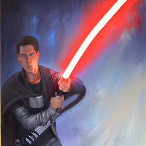Image similar to jerma 9 8 5 wielding a lightsaber, detailed painting, trending on artstation