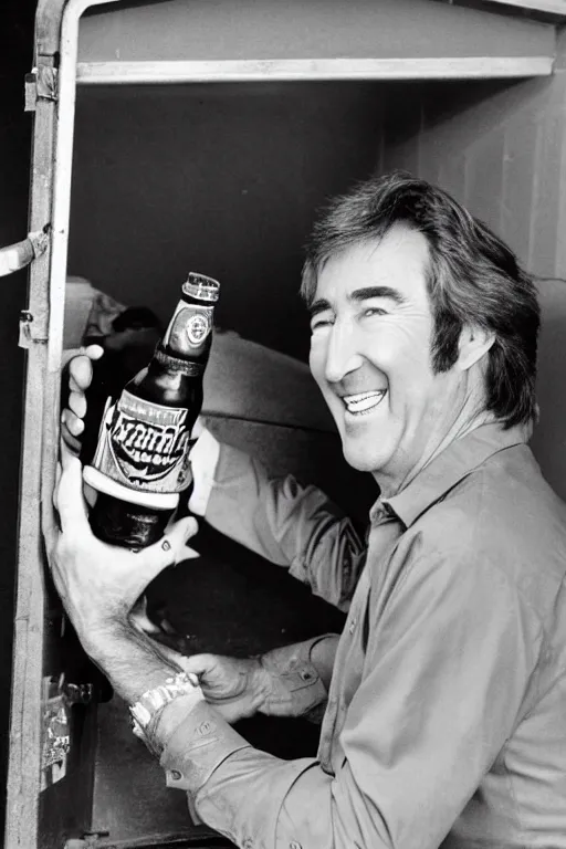 Prompt: randy mantooth laughing sitting in a dumpster drinking beer