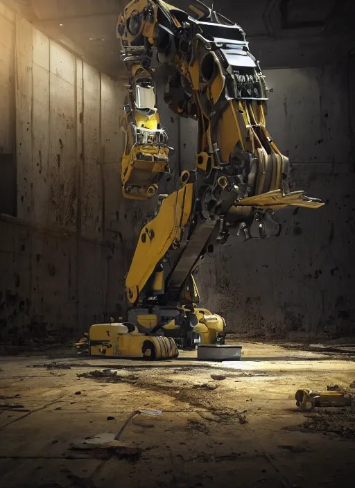 Image similar to a photorealistic dramatic hyperrealistic render of a futuristic exosuit power excavator heavy machinery, ultra realistic details, glossy yellow, well worn, rust, oil stains by vitaly bulgarov and mike nash, beautiful dramatic dark moody tones and lighting, cinematic atmosphere, studio lighting, global illumination, shadows, dark background, octane render, 8 k