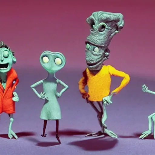 Image similar to Movie still Tim Burton claymation creatures from outer space
