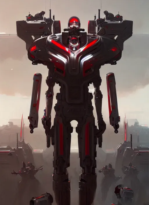 Prompt: a portrait of epic mechanical futuristic war army with red and white accent highly detailed, digital painting, concept art, smooth, sharp focus, illustration, art by greg rutkowski