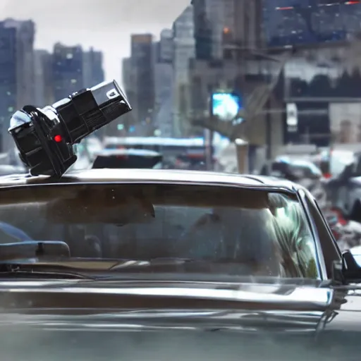 Prompt: film still of futuristic movie. Car chase action scene. Sigma 85mm f/1.2