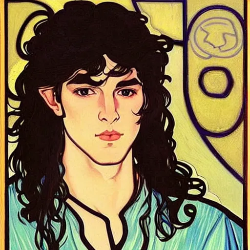 Image similar to painting of young handsome beautiful paladin elf! man with long wavy dark hair in his 2 0 s named shadow taehyung at the blueberry party, wearing armor!, elegant, clear, painting, stylized, delicate, soft facial features, art, art by alphonse mucha, vincent van gogh, egon schiele,