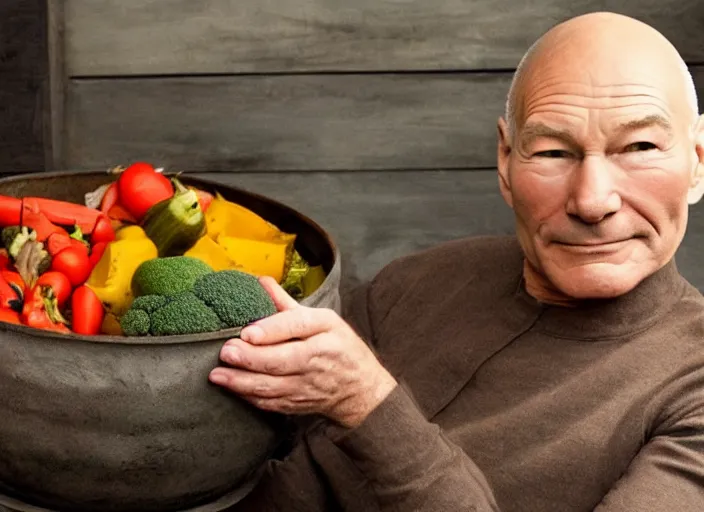 Image similar to patrick stewart sitting in a big pot of vegetable stew