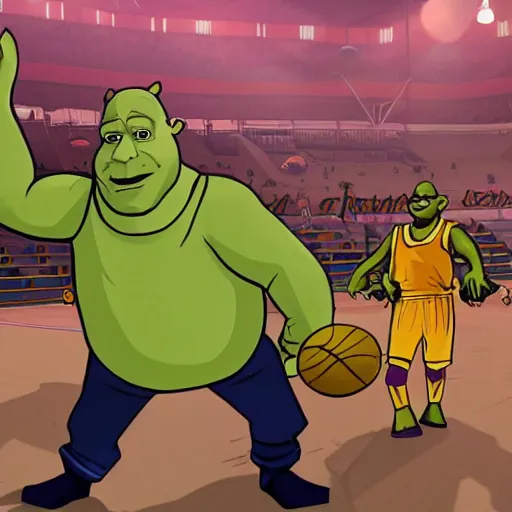 Prompt: Walter white playing basketball against shrek in a basketball stadium