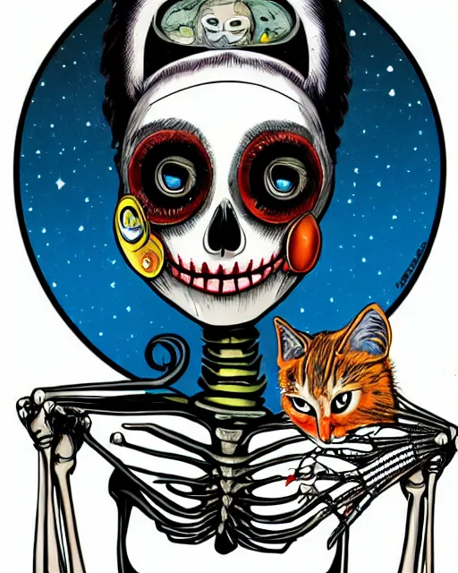 Image similar to a surrealistic head and shoulder painting of a gorgeous female skeleton with cat eyeballs and lipstick and hoodie, in the style of will eisner, digital art, detailed masterpiece