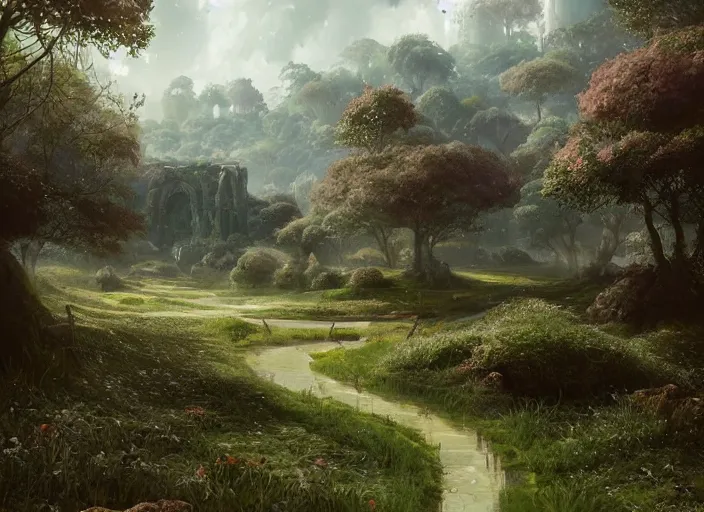 Image similar to Lush farmland outside a beautiful elven city made of white marble, anime, lush trees, a fantasy digital painting by Greg Rutkowski and James Gurney, trending on Artstation, highly detailed