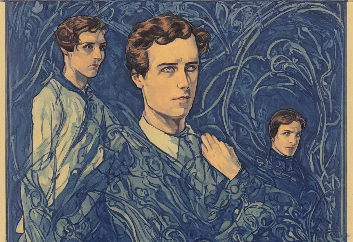 Image similar to art nouveau portrait of paul atreides with glowing blue eyes