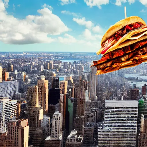 Prompt: A giant kebab falling from the sky over new york city, ultrawide lens, aerial view, 10 mm, by Terry Richardson, behance, unreal engine 5