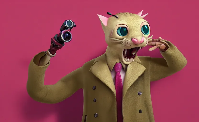 Image similar to a slimy pink ocelot that looks like an investigator, wearing a long beige trench coat, in the style of Pixar, CGI, octane render, trending on artstation, 8K