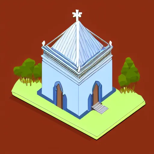 Prompt: isometric view of a church, steeple, geometric isometric perspective