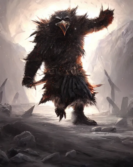 Image similar to oil painting of Angry Anthropomorphized Penguin Berserker, wearing fur armor, claws, sharp focus, attack pose, fantasy style, octane render, volumetric lighting, 8k high definition, by greg rutkowski, highly detailed, trending on art Station, magic the gathering artwork, burning Battlefield background, centered