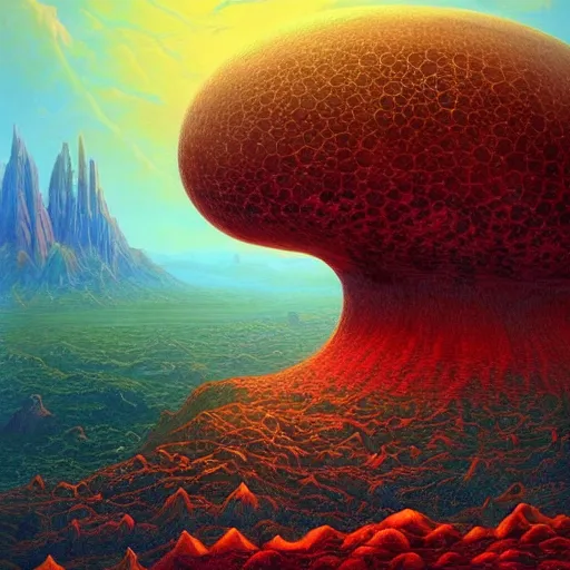 Prompt: A a giant skull made of red crystal in the center, desert background, 8K, Ultra Realistic,mega structures inspired by Heironymous Bosch's Garden of Earthly Delights, vast surreal landscape and horizon by Asher Durand and Cyril Rolando and Thomas Kinkade, rich pastel color palette, masterpiece!!, grand!, imaginative!!!, whimsical!!, epic scale, intricate details, sense of awe, elite, fantasy realism, complex composition, 4k post processing