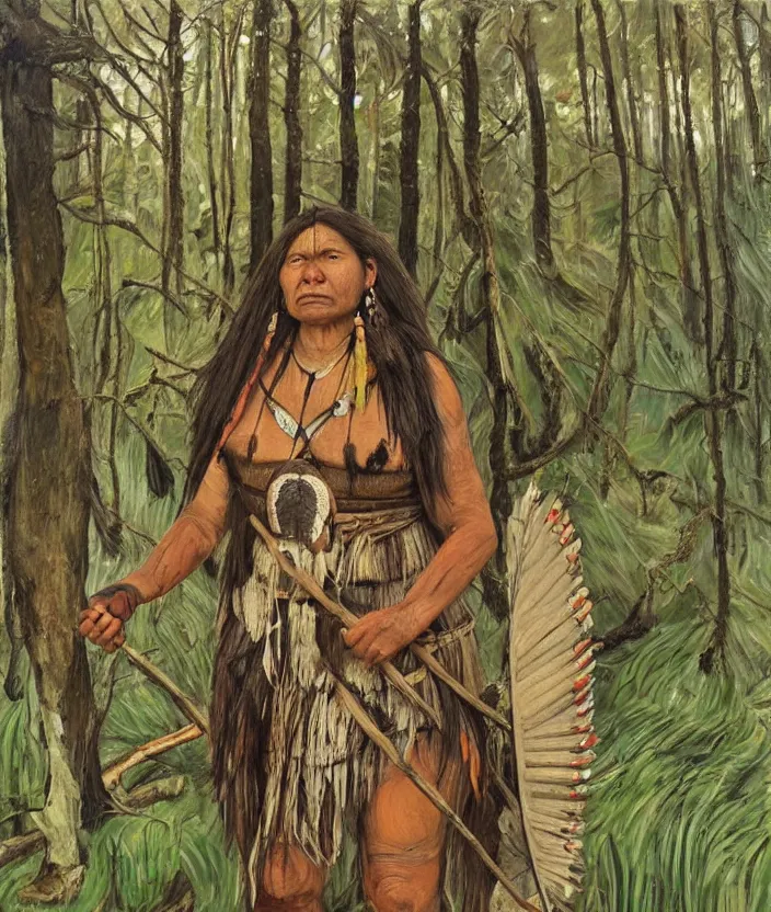 Image similar to indigenous woman warrior in the forest, painted by lucian freud, hd, super detailed, realistic, muted colors