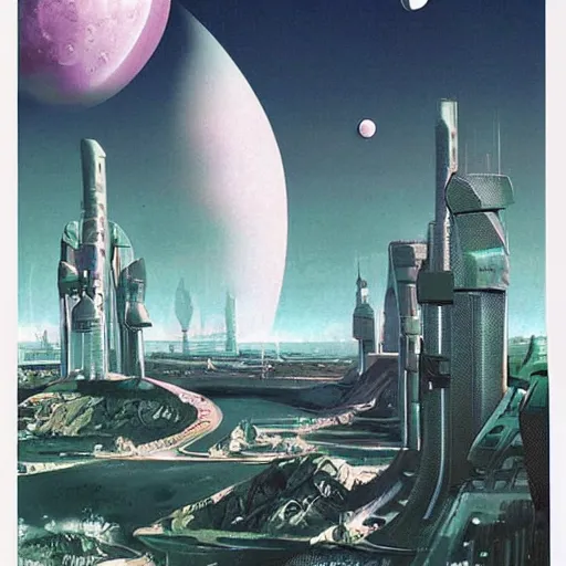 Image similar to futuristic city that orbits a desolate moon and lush planet, concept art, pulp novel cover
