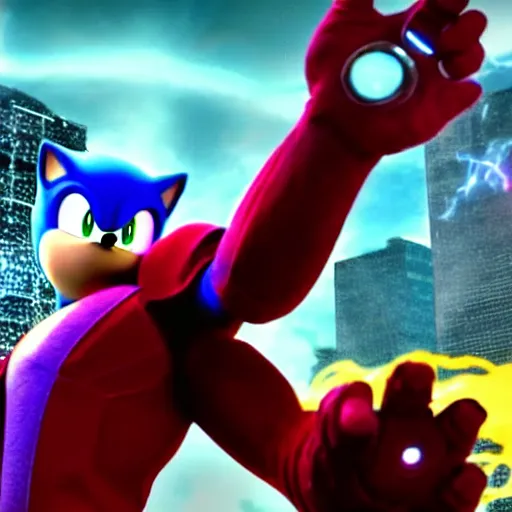 Prompt: The famous scene in the Avengers when Sonic the Hedgehog finally arrived to the fight and beat Thanos, movie sonic, extremely detailed with lots of background explosions and effects, grinning, 4k, 8k, HDR