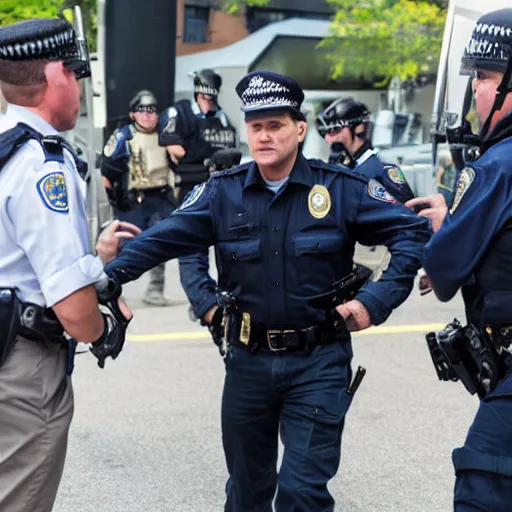 Image similar to fbi director Christopher wray getting arrested by police agents, photo 85mm, f/1.3