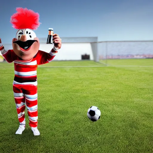 Image similar to silly little grumpy man clown with a beer in front of a soccer match