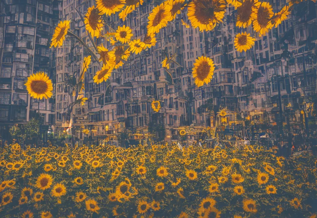 Prompt: 3 d 🌻 popping out of curved screen, town square, volumetric lighting, bokeh, shot on 7 0 mm, instax