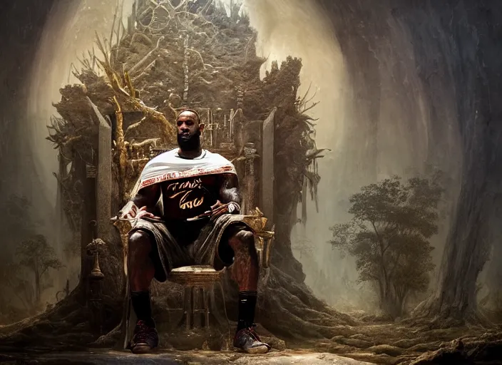 Prompt: lebron james is sitting on the throne of purity | highly detailed matte painting, hyperrealistic, very intrincate | cinematic lighting, award - winning | by rachel ruysch, giger, beksinski and bocklin, trending on artstation, cgsociety