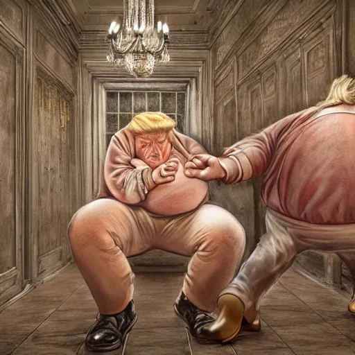 Image similar to trump crying as a large man dances on him from behind in a prison cell, intricate detail, finely detailed, small details, extra detail, photorealistic, high resolution, vray, hdr, hyper detailed, insane details, intricate, elite, ornate, elegant, luxury, dramatic lighting, octane render, weta digital, micro details, 3 d sculpture