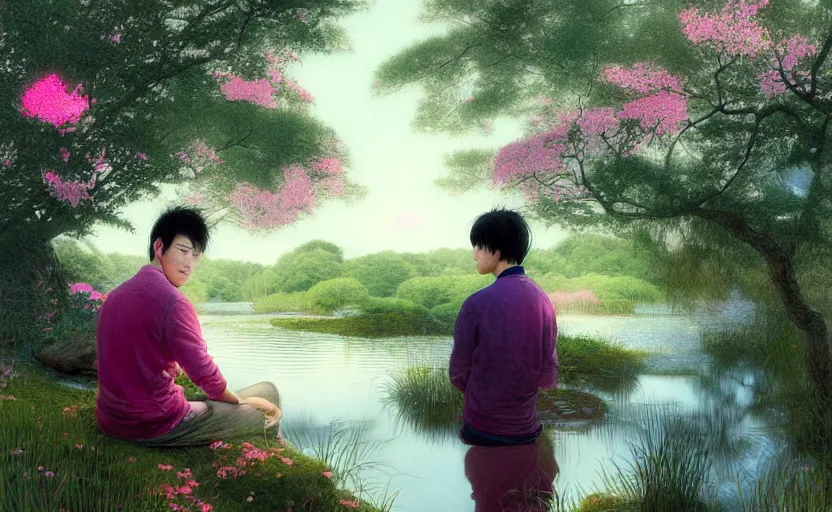 Prompt: pink haired young asian man backlit staring at black haired young asian man from across a pond, by alan lee, muted colors, springtime, colorful flowers & foliage in full bloom, sunlight filtering through trees & skin, digital art, art station cfg _ scale 9