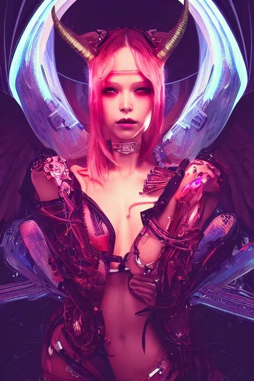 Image similar to portrait futuristic Devil Girl with horns and wings, in future cyberpunk tokyo rooftop , ssci-fi, fantasy, intricate, very very beautiful, elegant, human anatomy, neon light, highly detailed, digital painting, artstation, concept art, smooth, sharp focus, illustration, art by tian zi and WLOP and alphonse mucha