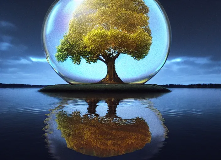 Prompt: glowing transparent crystal ball on a beautiful lake, fully visible, radiant light, tree of life inside the ball, intricate details, reflections on the water, ripples, moody sky, hyperdetailed illustration by mark brooks, by yuumei, unreal engine 5, low light