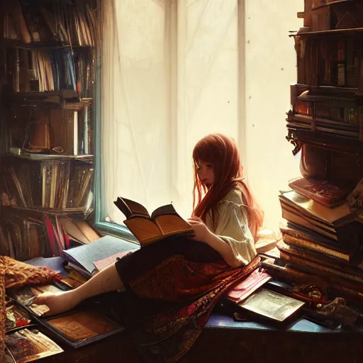 Image similar to Portrait of a girl in cluttered room, reading a book under the skylight, fantasy, intricate, elegant, highly detailed, digital painting, artstation, concept art, smooth, sharp focus, illustration, art by Krenz Cushart and Artem Demura and alphonse mucha