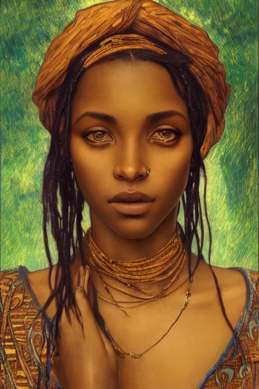 Image similar to Portrait of a Beautiful African female, sad green eyes, beautiful skin, elegant, jewellery, digital painting, Pre-Raphaelites, highly detailed, concept art, cinematic lighting, smooth, sharp focus, gold and indigo, illustration, art by Klimt and Alphonse Mucha.