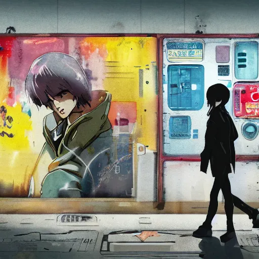 Image similar to incredible wide screenshot, ultrawide, simple watercolor, rough paper texture, ghost in the shell movie scene, backlit distant shot of girl in a parka running from a giant robot invasion side view, yellow parasol in deserted dusty shinjuku junk town, broken vending machines, bold graphic graffiti, old pawn shop, bright sun bleached ground, mud, fog, dust, windy, scary robot monster lurks in the background, ghost mask, teeth, animatronic, black smoke, pale beige sky, junk tv, texture, brown mud, dust, tangled overhead wires, telephone pole, dusty, dry, pencil marks, genius party,shinjuku, koji morimoto, katsuya terada, masamune shirow, tatsuyuki tanaka hd, 4k, remaster, dynamic camera angle, deep 3 point perspective, fish eye, dynamic scene