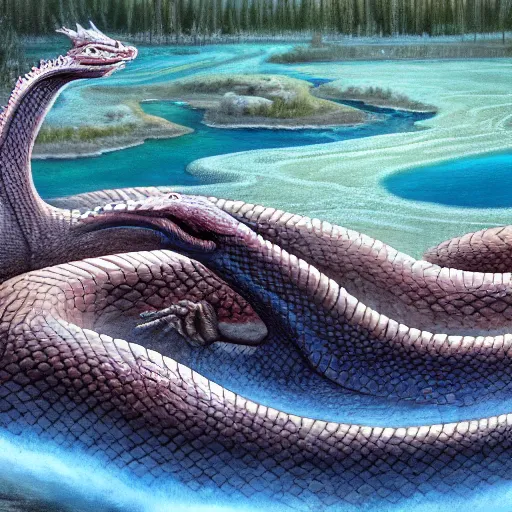 Prompt: snake - like dragon sitting in a hotspring at yellowstone national park, highly detailed oil painting, featured on artstation